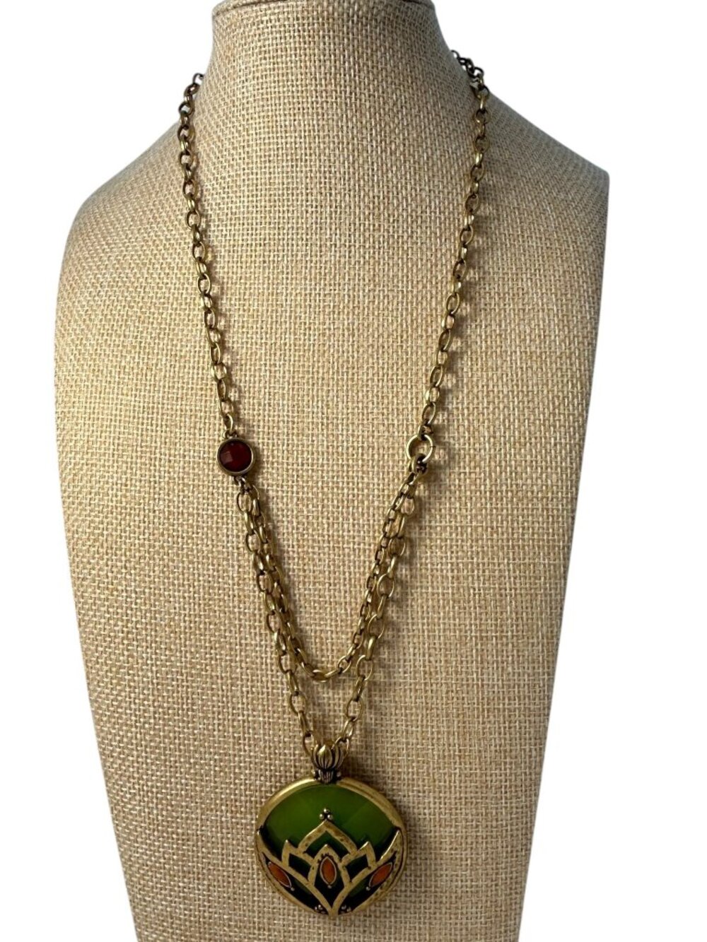 Lucky Brand Green Faceted Lotus Pendant Necklace Gold Tone Layered Chain Boho